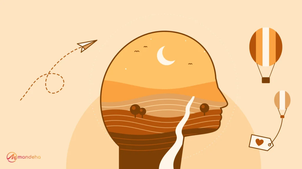 Illustration of a human head in side profile filled with calm terraced hills and a winding river, surrounded by a paper plane, hot air balloons and a luggage tag with a heart, asking whether tourism cares about mental health.