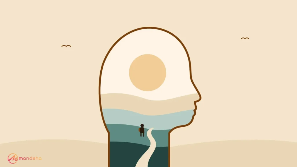 Flat illustration of a head in profile filled with calm hills, a soft sun and a small traveller on a winding path, showing the benefits of travel psychology.