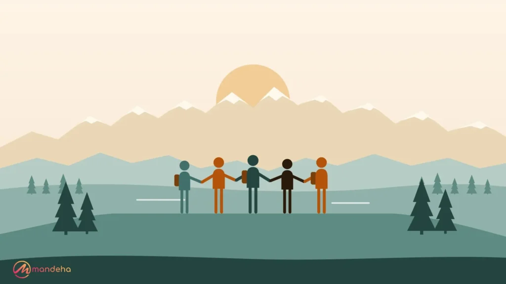 Illustration of five friends holding hands on a mountain viewpoint, looking out over snowy peaks and a pine valley, reflecting the psychology of traveling with friends.