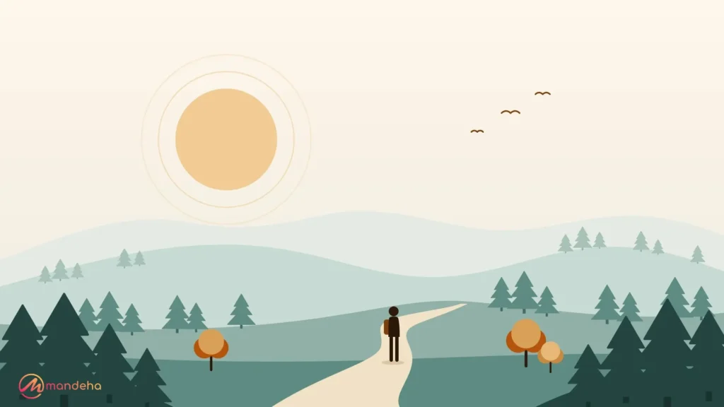 A solo traveller with a backpack walks a winding path through teal hills dotted with pine trees, under a soft sun.