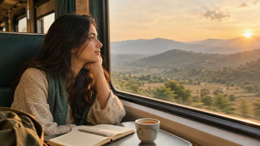 Woman resting her chin on her hand, gazing out of a train window at hills at sunset, with a journal and cup of tea on the table