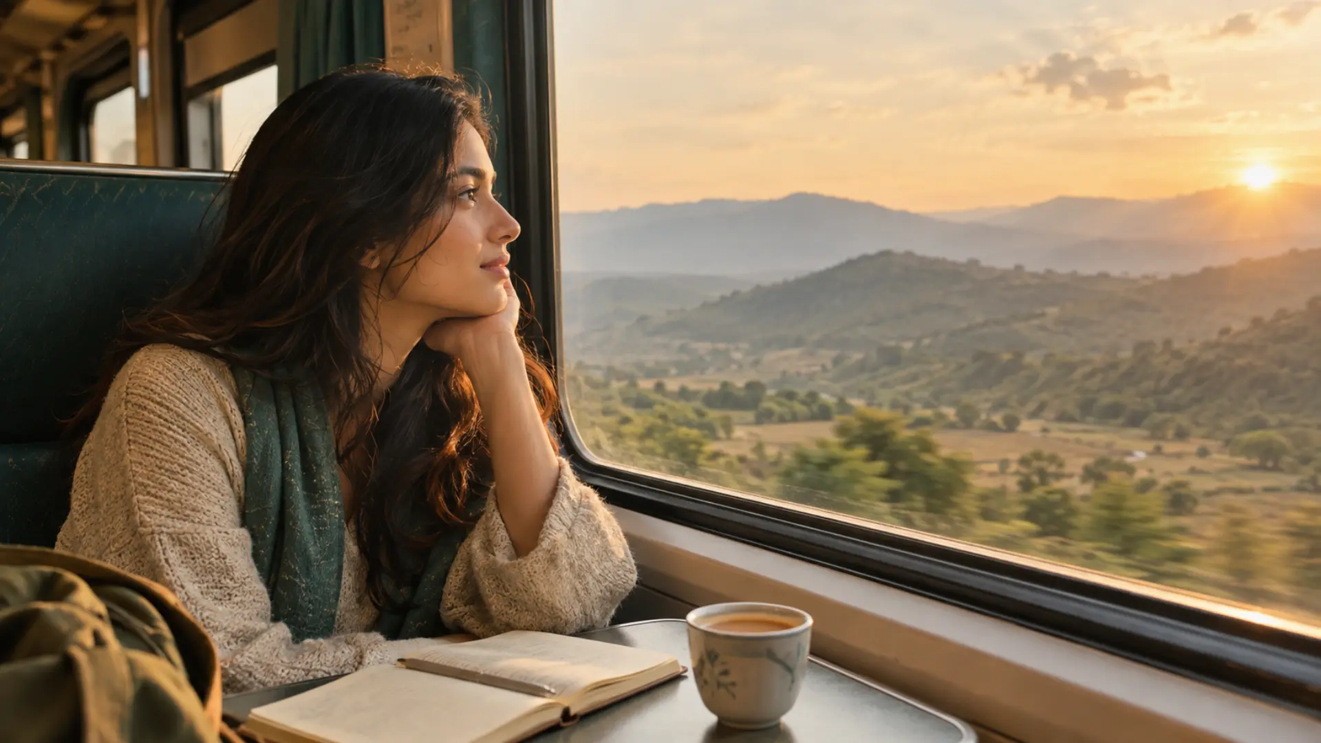 Woman resting her chin on her hand, gazing out of a train window at hills at sunset, with a journal and cup of tea on the table