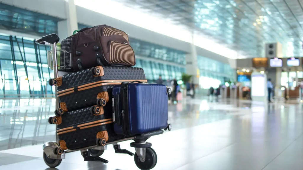 Luggage trolley stacked with suitcases and bags in a bright airport terminal, with travellers blurred in the background