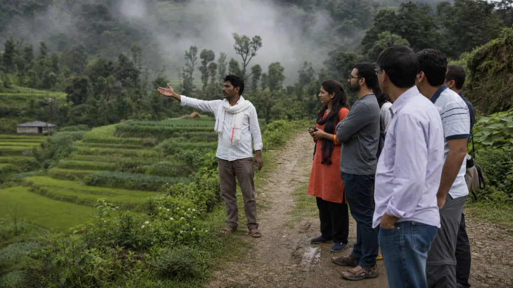 Local guide leading travellers on a village walk through terraced fields