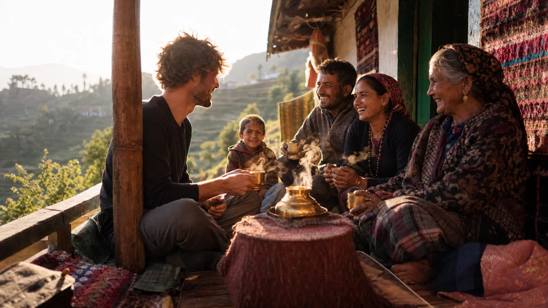 Traveller sharing tea with a host family at an Indian village homestay