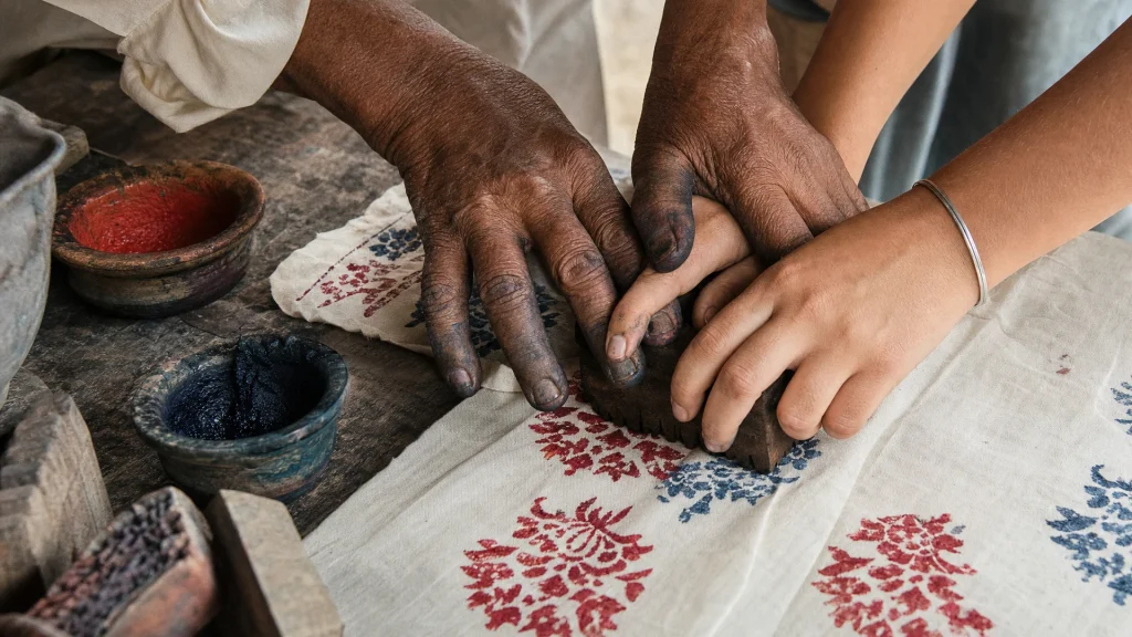 Artisan guiding a traveller’s hand during block printing at a craft workshop