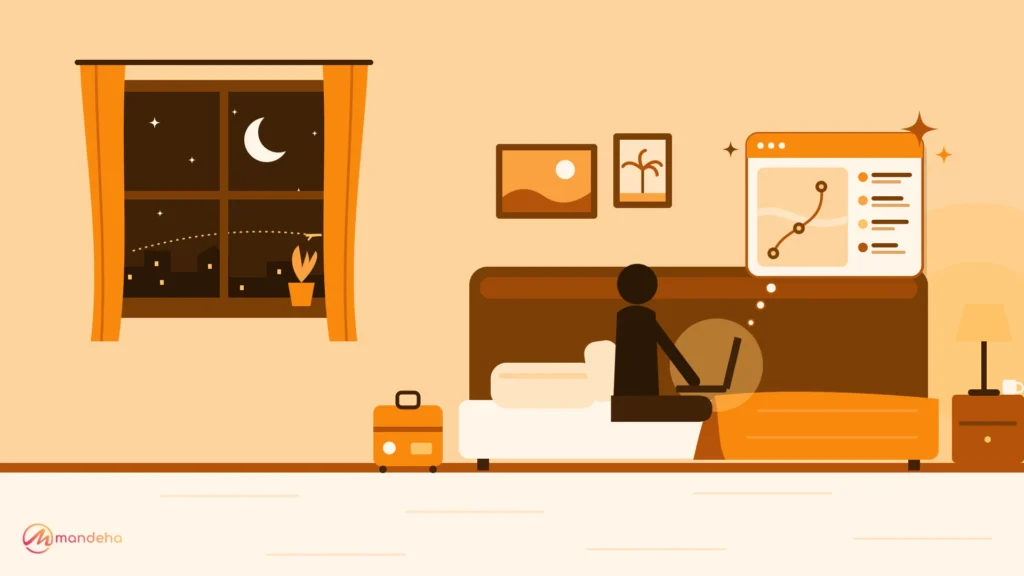 Illustration of a man sitting on his bed at home with a laptop, using an AI trip planner that shows a map route and itinerary.
