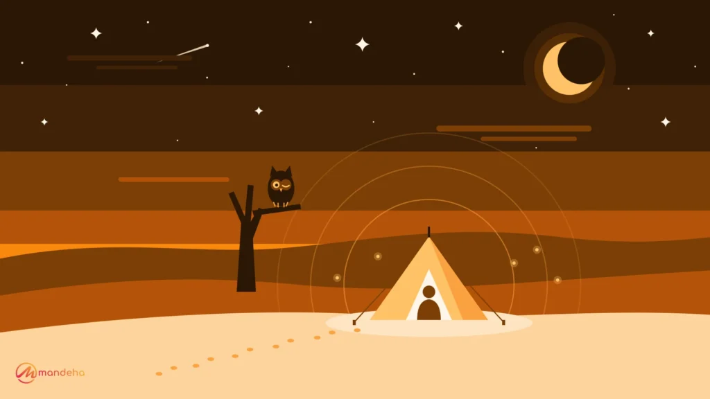 Illustration of a crescent moon and stars above a desert camp at night, where an owl with one eye open watches over a glowing tent and a traveller sits awake, showing the first night effect.