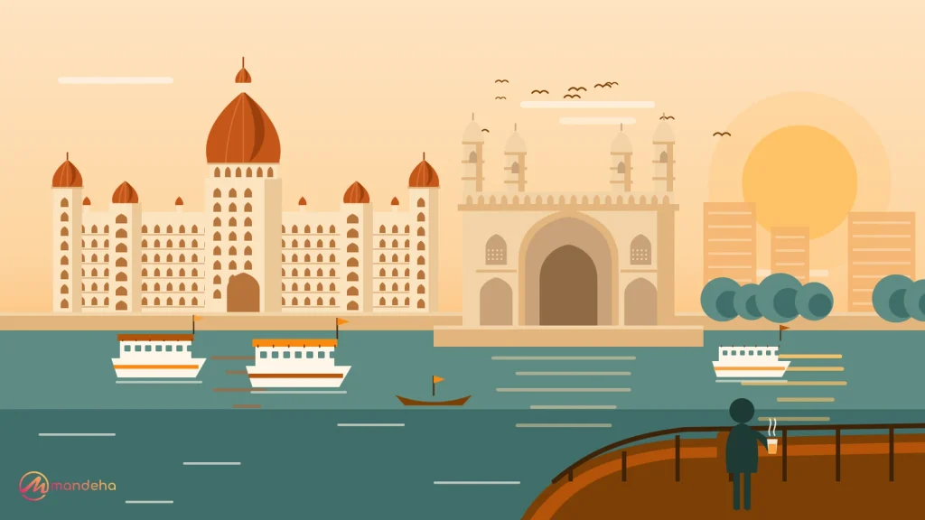 A traveller with a cup of chai leans on a ferry rail at golden hour, looking across Mumbai harbour at the Gateway of India and the red domes of the Taj Mahal Palace hotel.