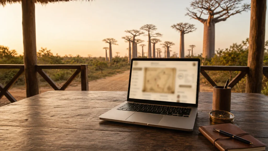Leather travel journal, pen and compass on a wooden table at sunset with baobab trees behind