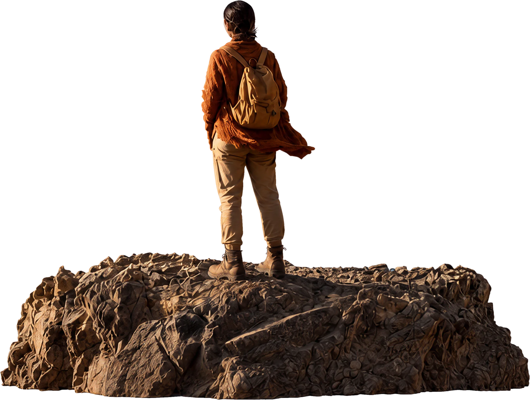 Traveller standing on a rock, looking out over the mountains