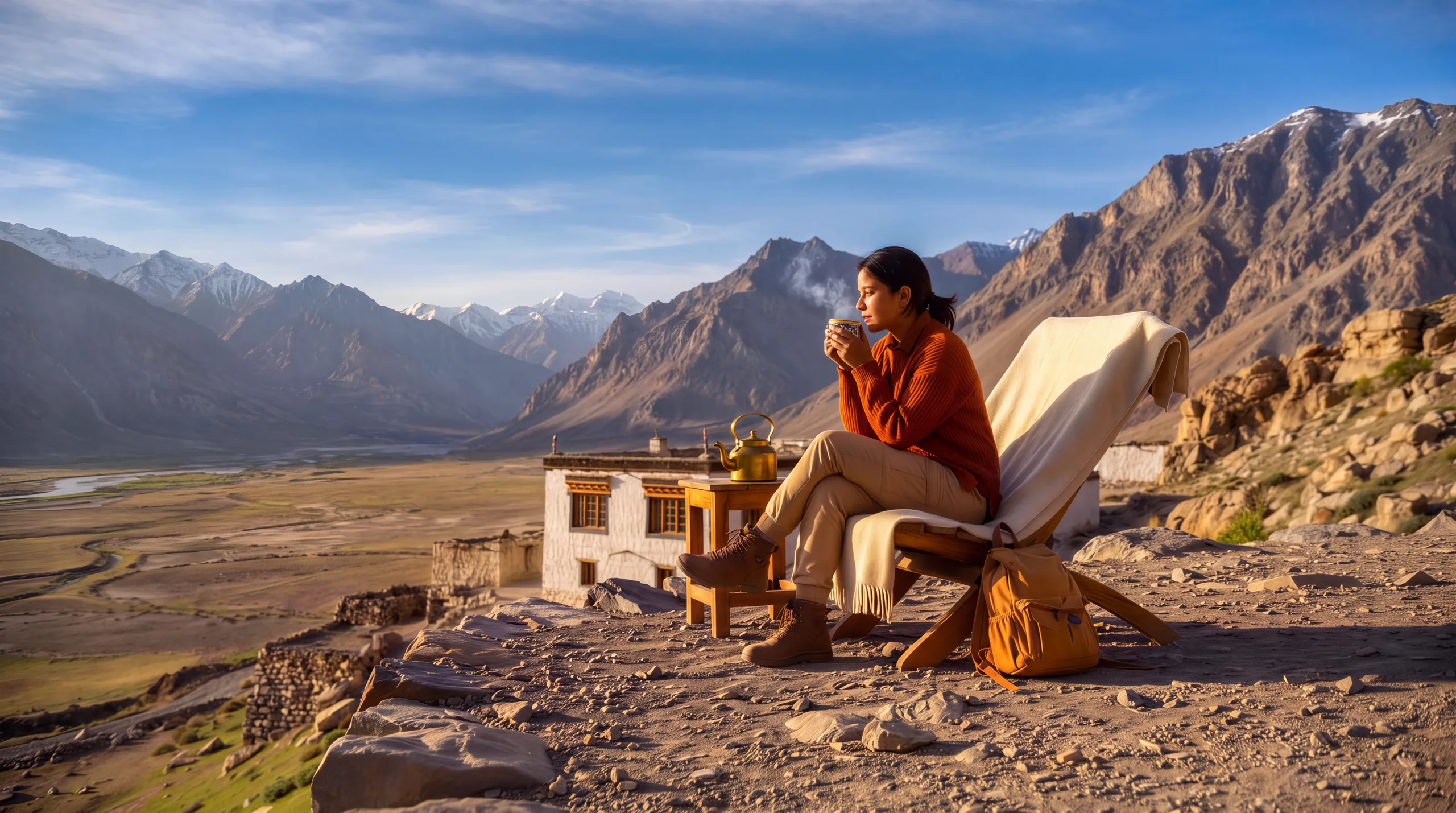 Traveller with a cup of tea on a terrace above a Ladakh valley