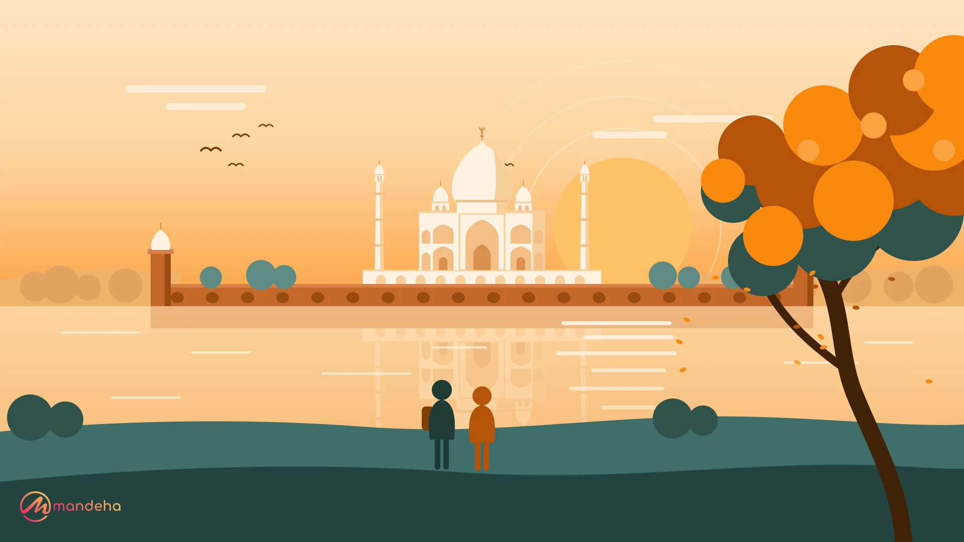 Two travellers stand on a riverbank at golden hour looking across the Yamuna at the Taj Mahal and its reflection, framed by a flowering gulmohar tree, one of the places to visit in India for mental peace.
