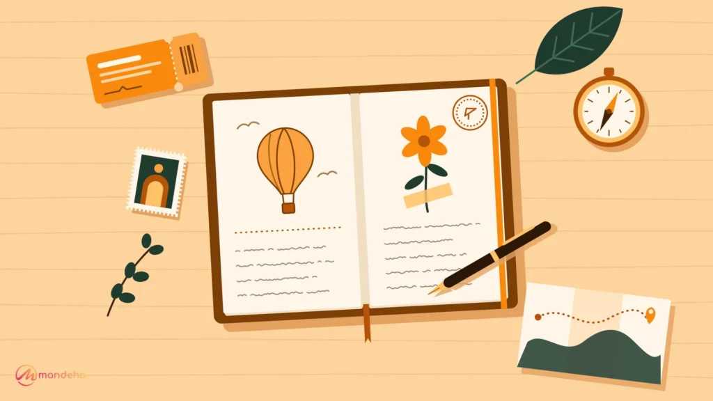 Flat lay illustration of an open travel journal with a balloon sketch and a pressed flower, surrounded by a fountain pen, train ticket, compass and folded map.